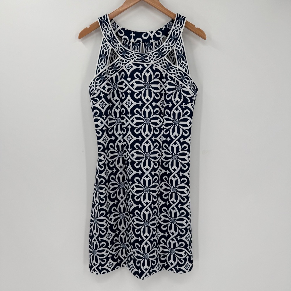Gretchen Scott Jersey Isosceles Dress Medium Navy White Geometric Sleeveless